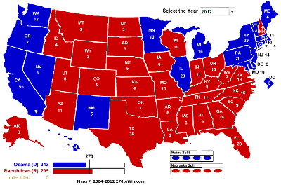 Electoral map of US showing Obama (blue) winning HI, WA, OR, CA, NV, NM, MN, IL, PA, NJ, MD, DC, DE, NY, CT, RI, MA, VT, and ME, with the Republican (red) winning the rest.