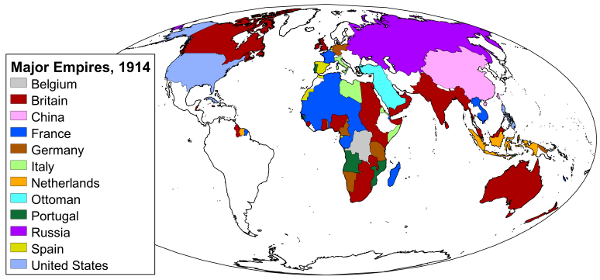 Maps of the world showing major empires in 1914