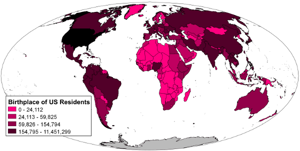 Map of countries of origin for foreign-born US residents