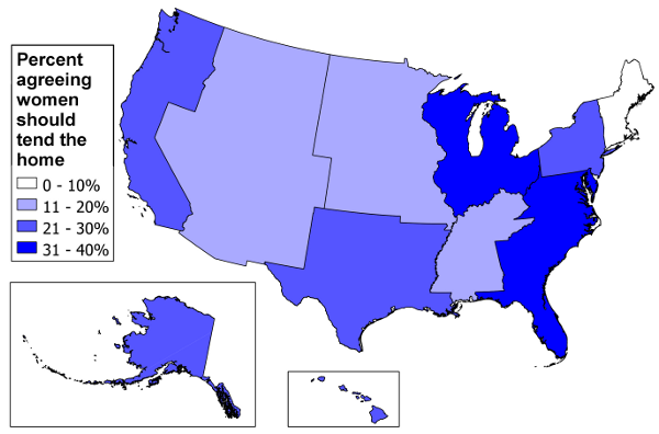 Map of General Social Survey answers about men working and women staying home