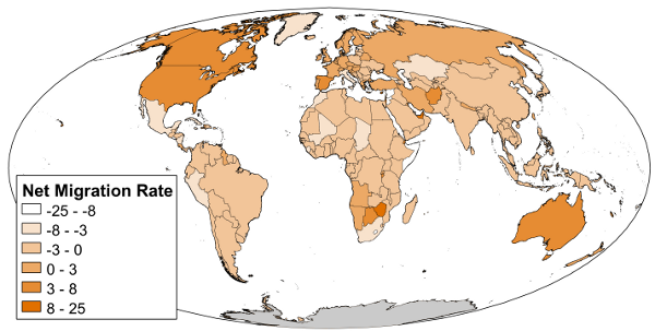 Map of net migration rates by country