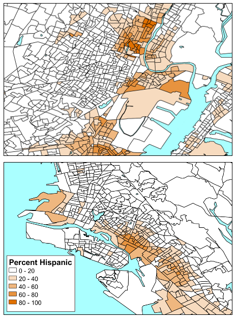 Maps of Hispanic or Latino population in Newark, NJ and Oakland, CA