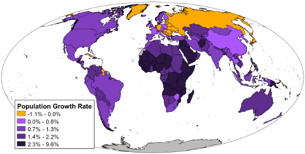 Map of world population growth rates by country