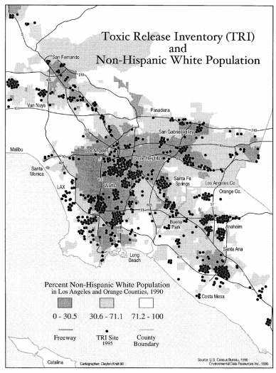 Map of racial makeup and toxic sites in Los Angeles