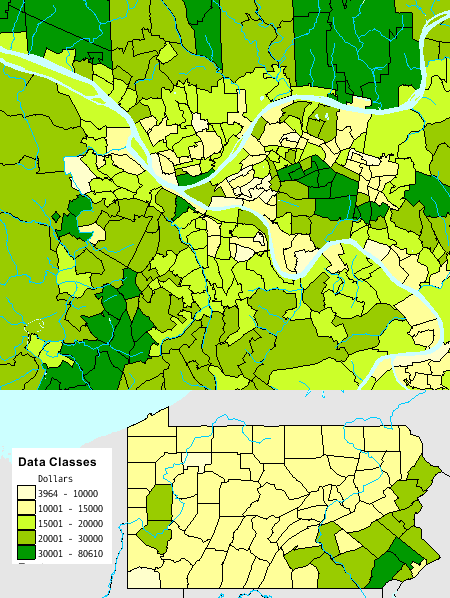 Maps of average per capita income in the Pittsburgh metro area and the state of Pennsylvania
