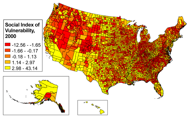 Map of county-level Social Index of Vulnerability in the United States.