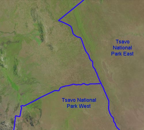 Satellite image of Tsavo National Park in Kenya
