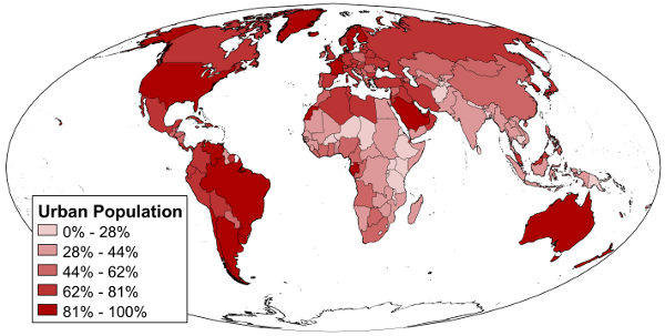 Map of urbanization rates by country