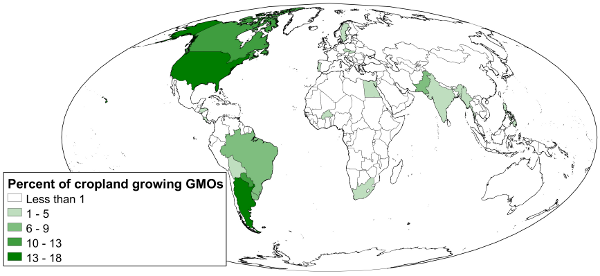 World map of percent of cropland growing GMOs