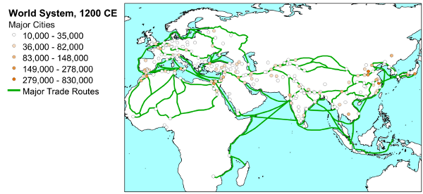 Map of Afro-Eurasian cities and trade routes, c. 1200 CE